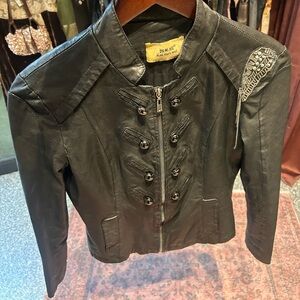 vintage black lamb leather jacket beaded embellished silver chain